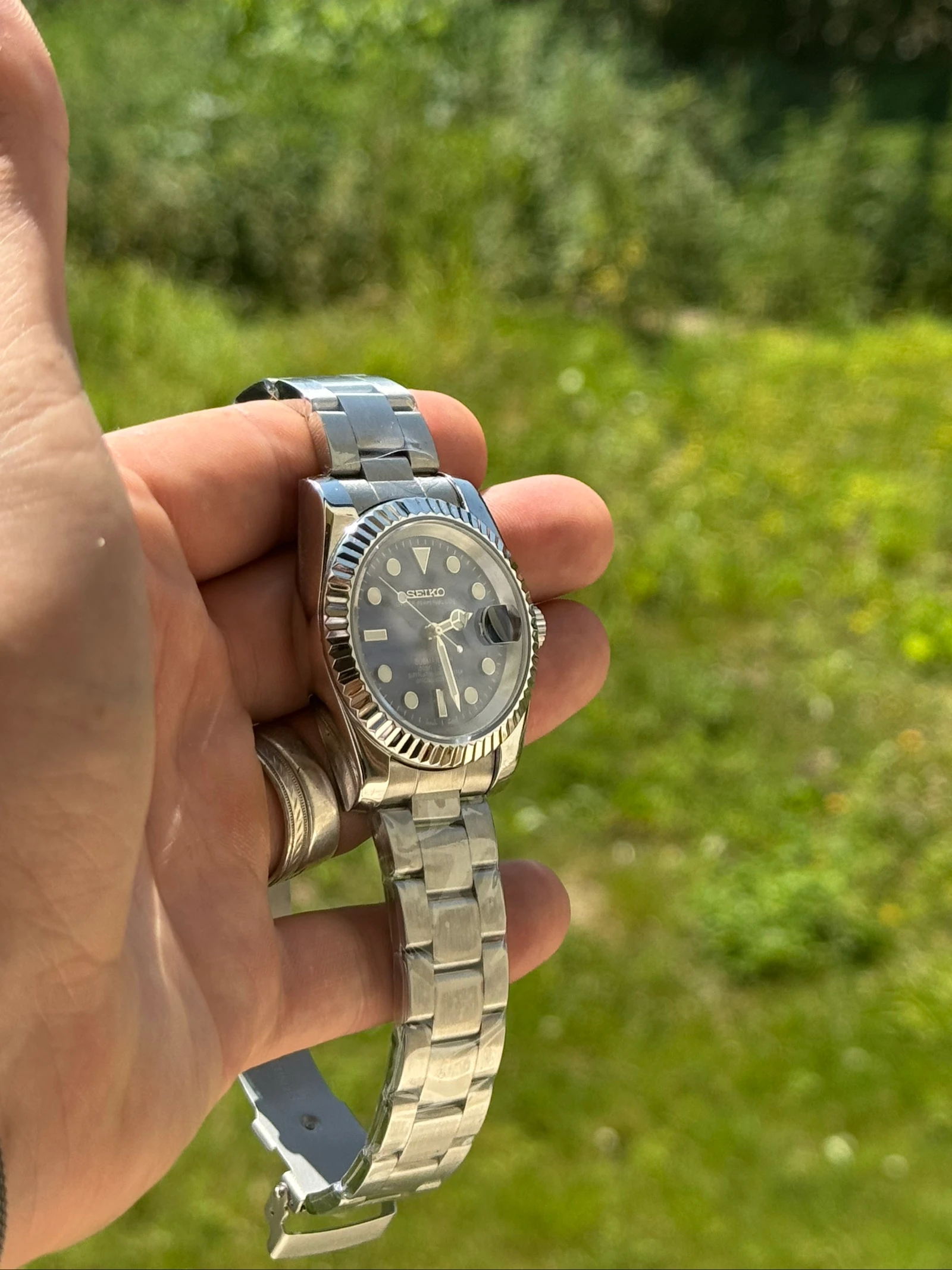 SeikoMod Mod NH35 Automático 39 mm – Esfera Soleillé Azul – Cristal de Zafiro – Brazalete Oyster – Fondo Transparente – Nueva – photo 2